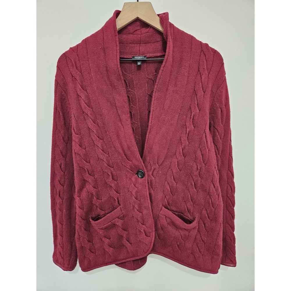 Talbots Petite Red Cable Knit Shawl‎ Collar Cardigan Sweater XLp Burgundy Wool